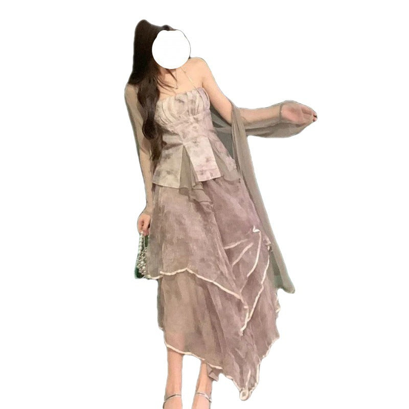 Set Women's Spring 2023 New New Chinese Long Cardigan+Straps+Irregular Dress Three Piece Set