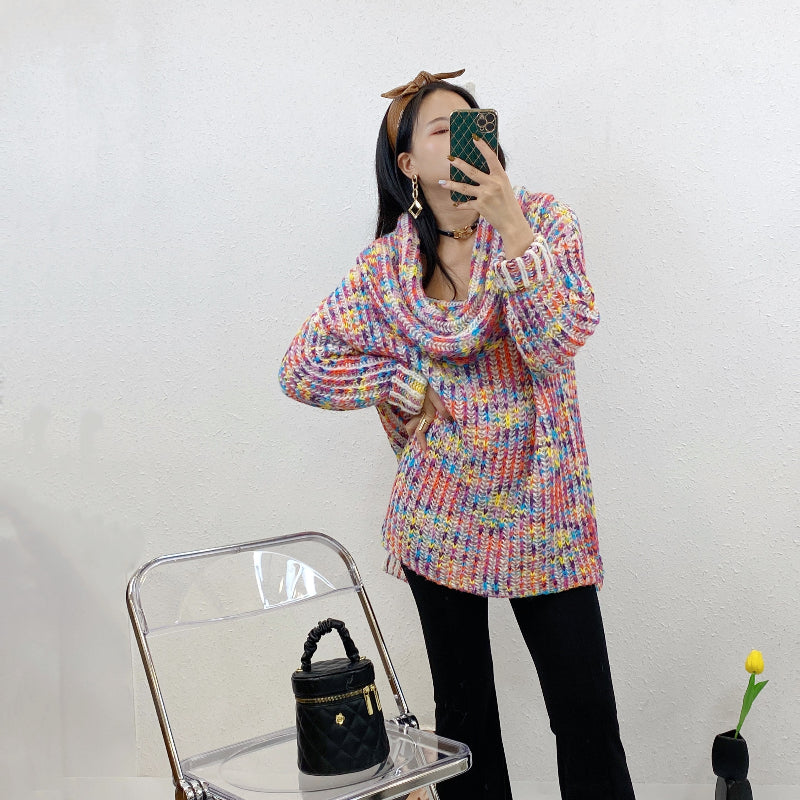 ULOVED New rainbow big pile collar pullover sweater knit split design at the front and back