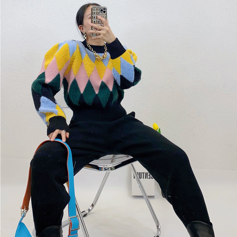 ULOVED 2023 autumn and winter new design sense Rhombus lattice short style pullover sweater