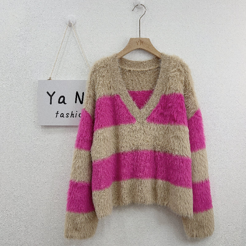 964 Autumn and winter new V-neck striped loose casual match color Mink hair knitted sweater women