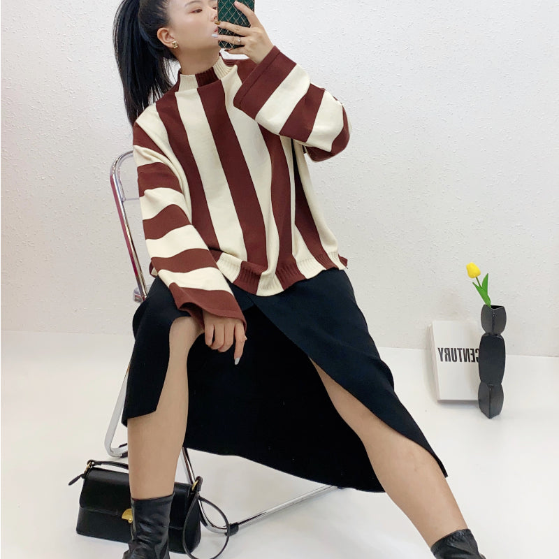 ULOVED Fashion women's vertical stripe core yarn sweater knitted suit skirt