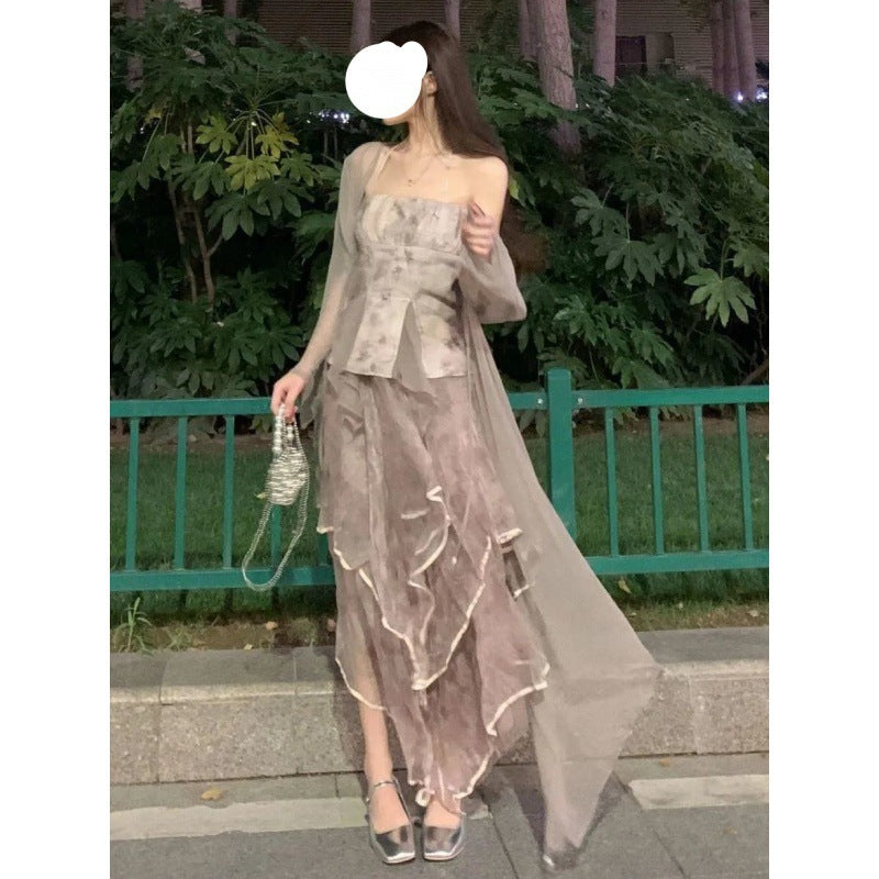 Set Women's Spring 2023 New New Chinese Long Cardigan+Straps+Irregular Dress Three Piece Set
