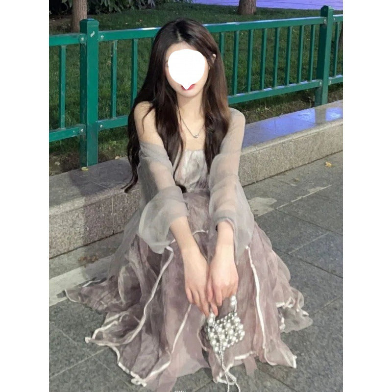 Set Women's Spring 2023 New New Chinese Long Cardigan+Straps+Irregular Dress Three Piece Set