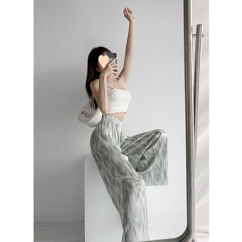 100 pleated wide leg pants, pleated ice silk women's summer high waisted loose drape casual pants, floor mop pants, trendy and thin style hair generation