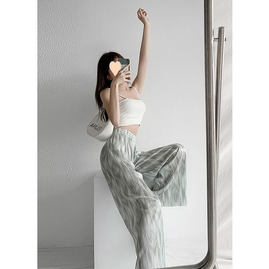 100 pleated wide leg pants, pleated ice silk women's summer high waisted loose drape casual pants, floor mop pants, trendy and thin style hair generation