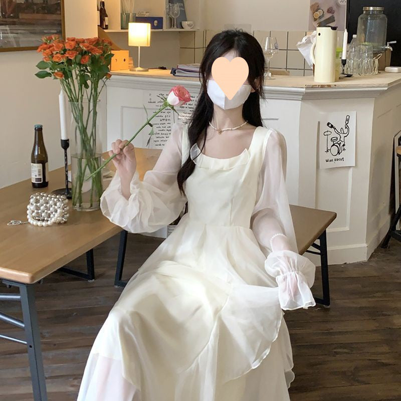 Temperament dress with ruffles and long sleeves, French square neck chiffon skirt, children's summer style long skirt, wholesale and issued by manufacturers