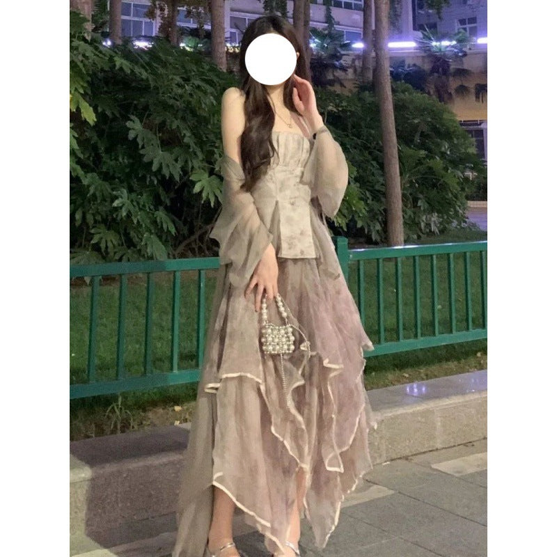 Set Women's Spring 2023 New New Chinese Long Cardigan+Straps+Irregular Dress Three Piece Set