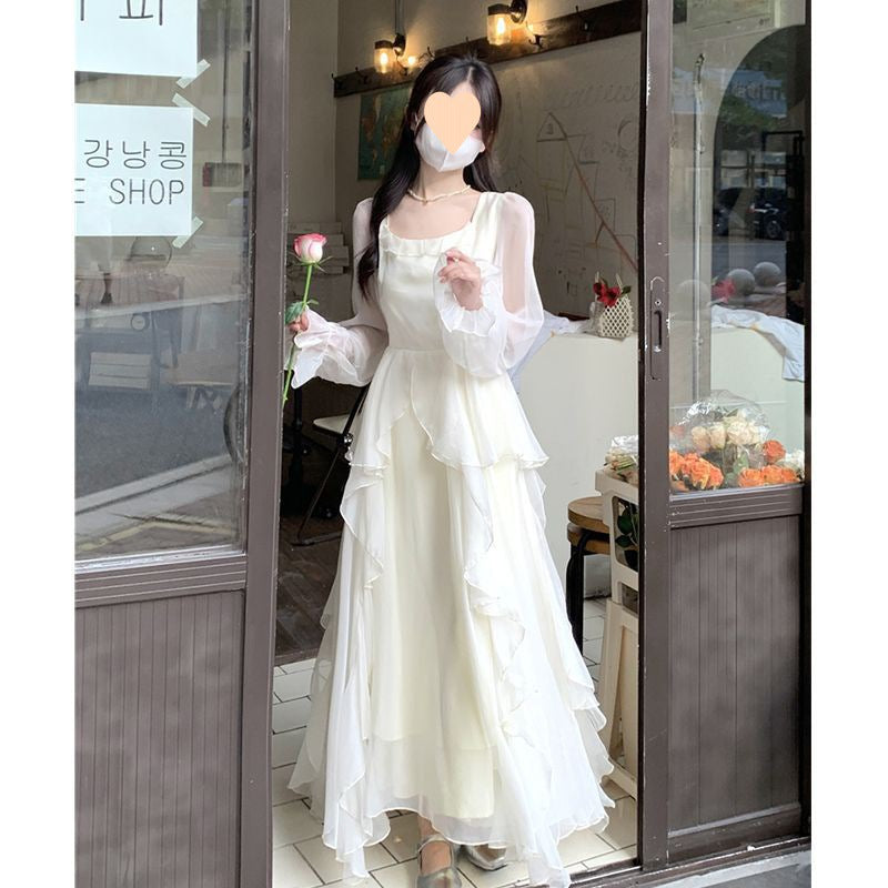 Temperament dress with ruffles and long sleeves, French square neck chiffon skirt, children's summer style long skirt, wholesale and issued by manufacturers
