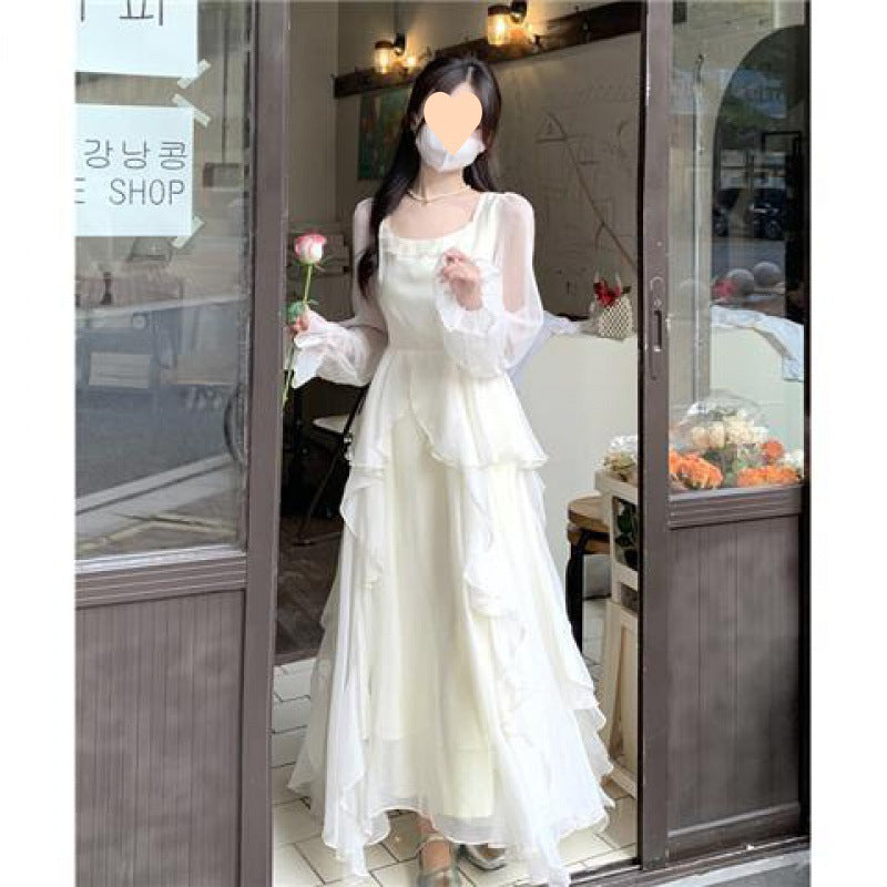 Temperament dress with ruffles and long sleeves, French square neck chiffon skirt, children's summer style long skirt, wholesale and issued by manufacturers