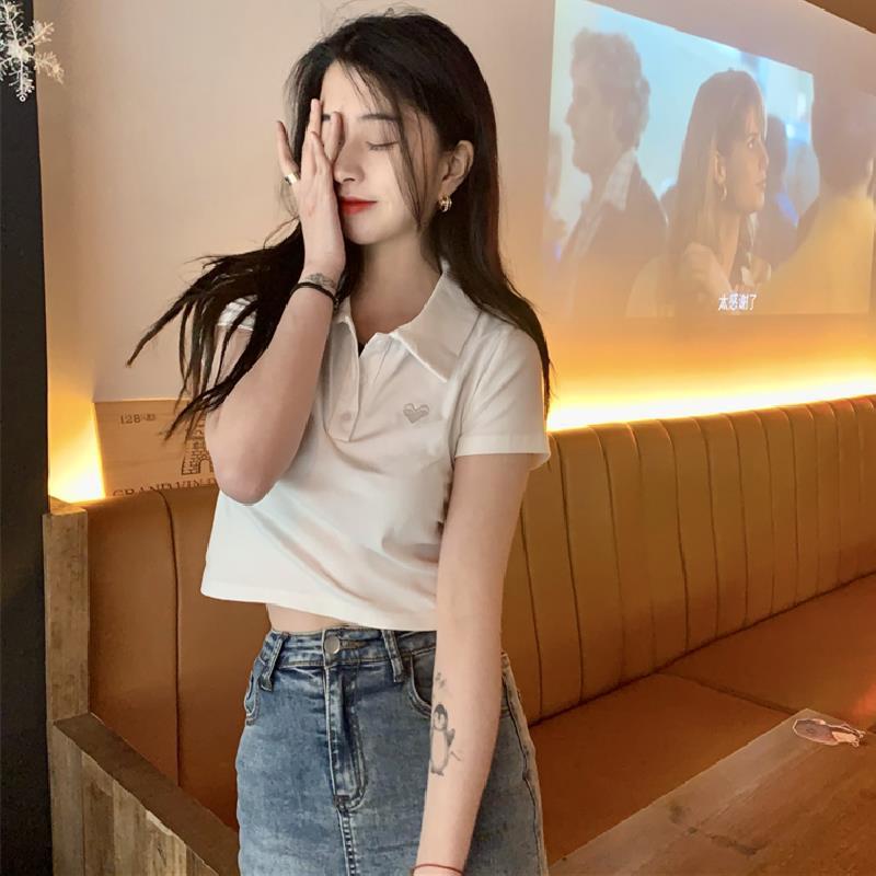 Shoulder length short sleeved women's T-shirt polo collar, large size, leaking navel, slim fitting, casual, high waisted, irregular top ins