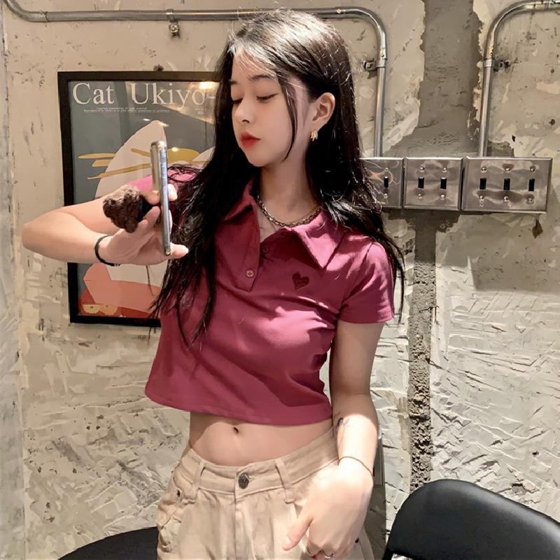 Shoulder length short sleeved women's T-shirt polo collar, large size, leaking navel, slim fitting, casual, high waisted, irregular top ins