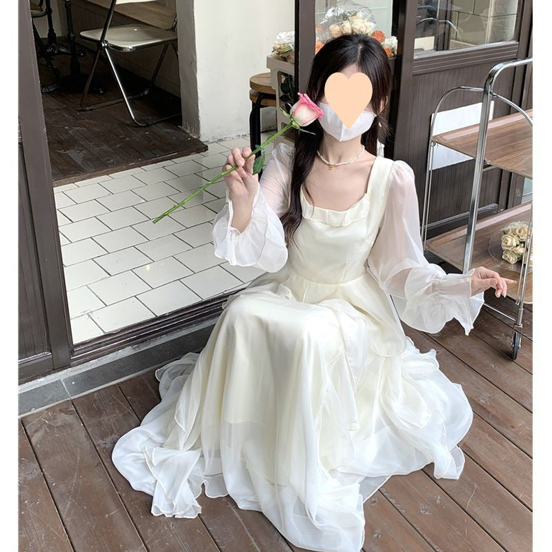 Temperament dress with ruffles and long sleeves, French square neck chiffon skirt, children's summer style long skirt, wholesale and issued by manufacturers