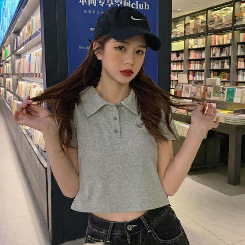Shoulder length short sleeved women's T-shirt polo collar, large size, leaking navel, slim fitting, casual, high waisted, irregular top ins