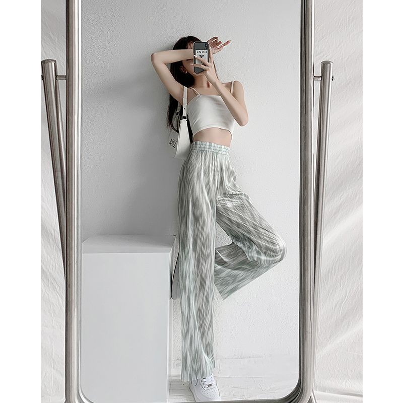 100 pleated wide leg pants, pleated ice silk women's summer high waisted loose drape casual pants, floor mop pants, trendy and thin style hair generation