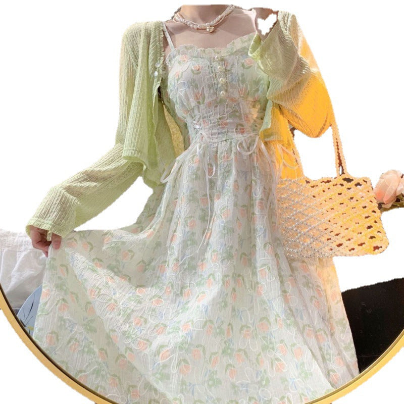 Large size skirt two-piece set Sen first love skirt slip dress set women's thin cardigan looks slim one piece wholesale