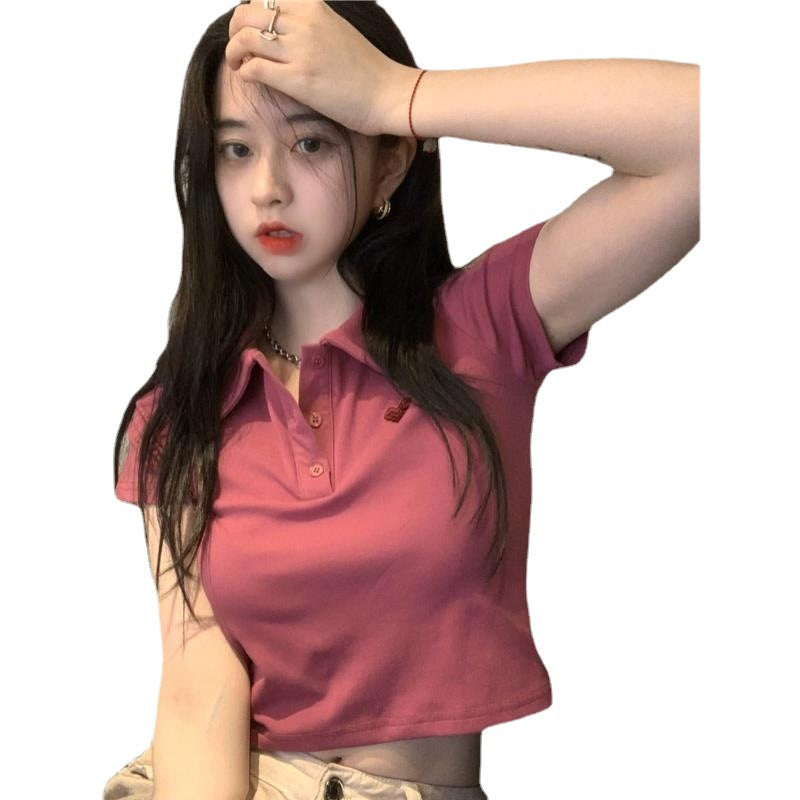 Shoulder length short sleeved women's T-shirt polo collar, large size, leaking navel, slim fitting, casual, high waisted, irregular top ins