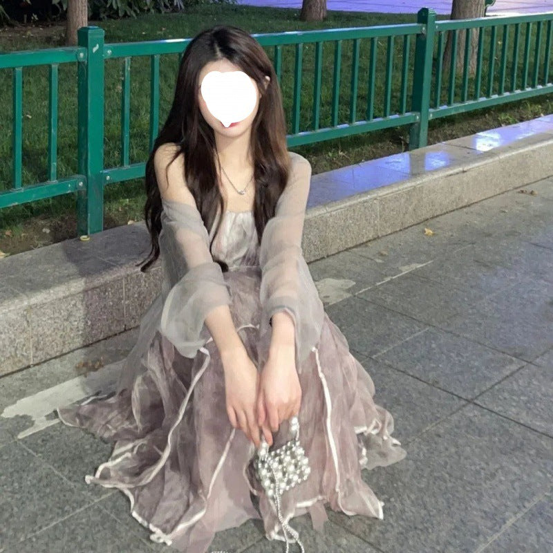 Set Women's Spring 2023 New New Chinese Long Cardigan+Straps+Irregular Dress Three Piece Set