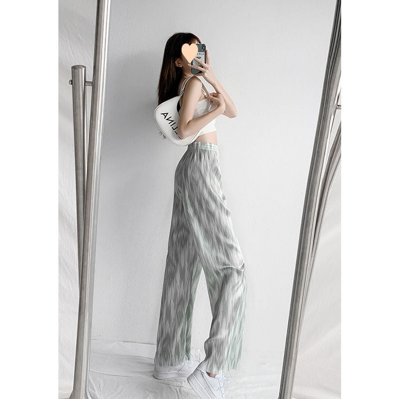 100 pleated wide leg pants, pleated ice silk women's summer high waisted loose drape casual pants, floor mop pants, trendy and thin style hair generation