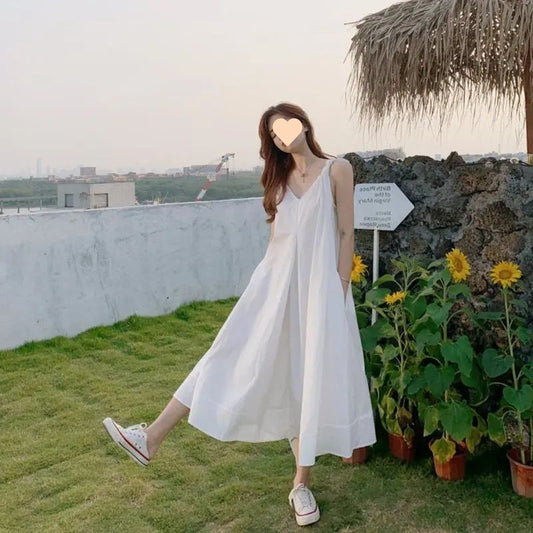 White Dress Women's Summer Loose Slim Beach Long Dress Fairy Beach Vacation Strap Dress Women's Wholesale One Piece