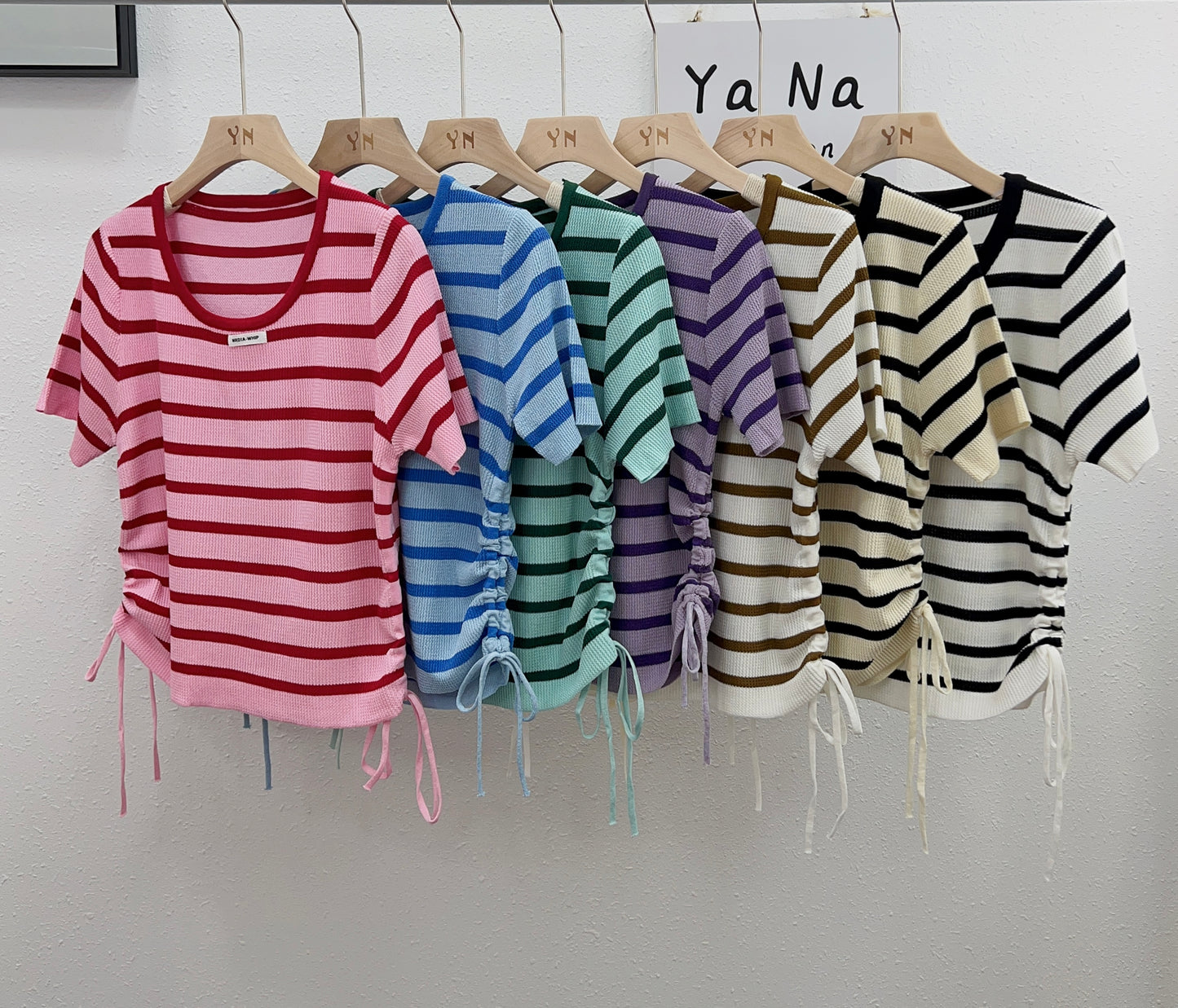 3115 Summer new style  knitted short sleeve striped T-shirt chic draw rope round neck short top Striped