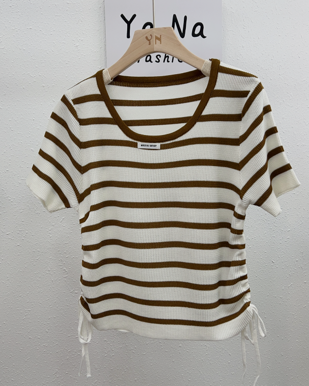 3115 Summer new style  knitted short sleeve striped T-shirt chic draw rope round neck short top Striped