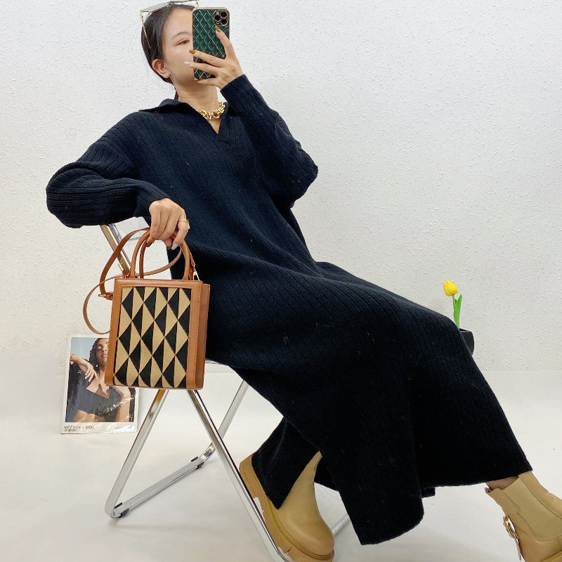 ULOVED New autumn/winter dress with a loose and versatile casual shirt collar long-sleeved sweater