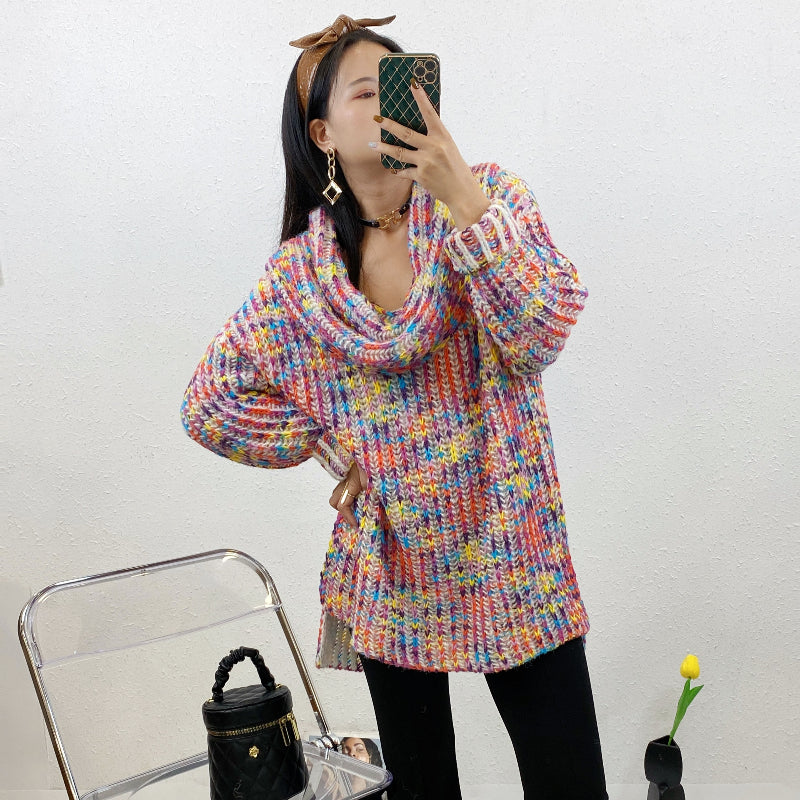 ULOVED New rainbow big pile collar pullover sweater knit split design at the front and back