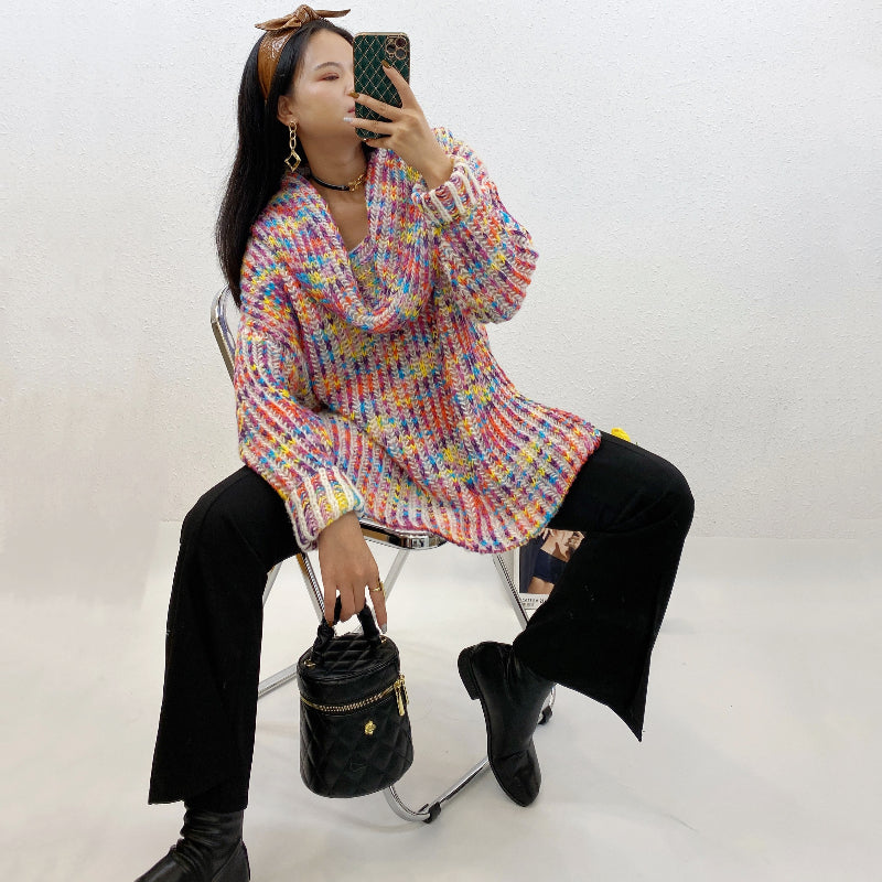 ULOVED New rainbow big pile collar pullover sweater knit split design at the front and back