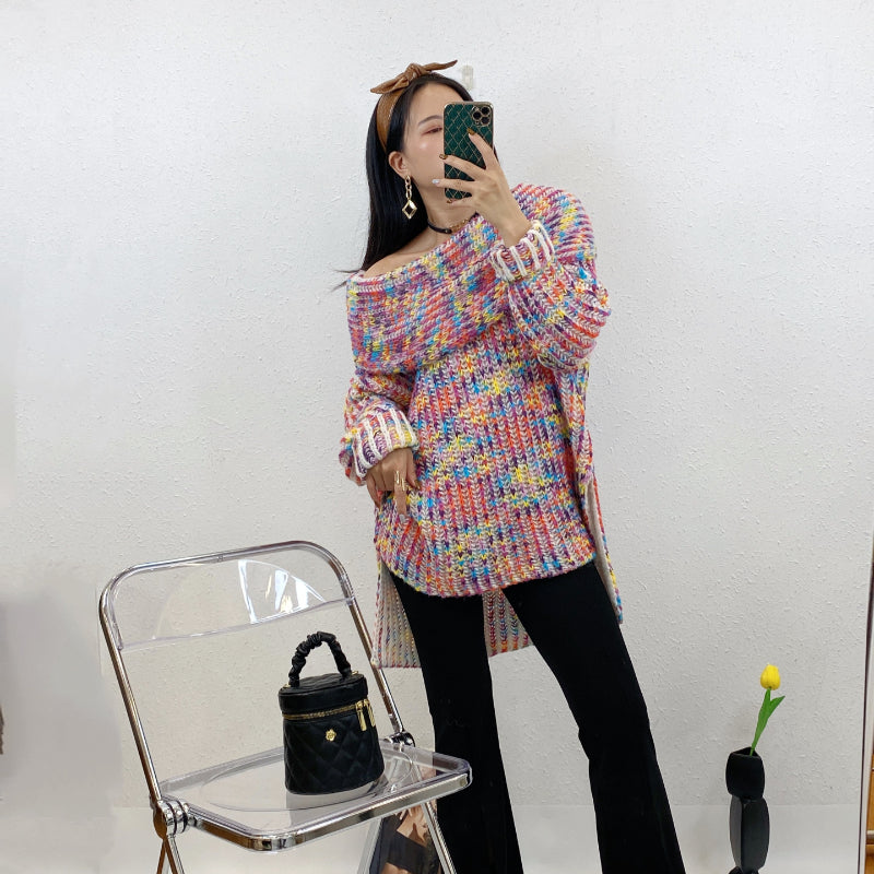 ULOVED New rainbow big pile collar pullover sweater knit split design at the front and back