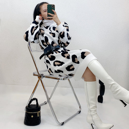 ULOVED Autumn and winter fashion temperament leopard print loose dress knitwear