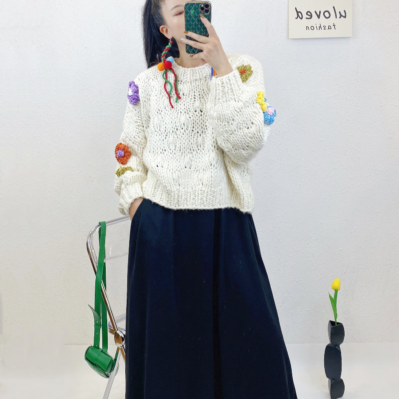 ULOVED New handmade flower thickened loose pullover knit sweater for women