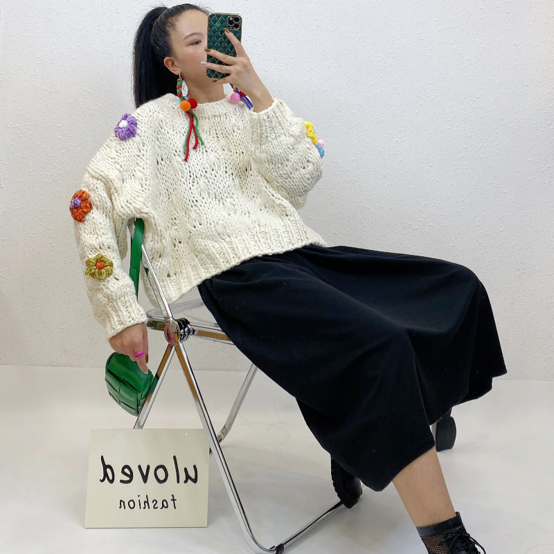 ULOVED New handmade flower thickened loose pullover knit sweater for women