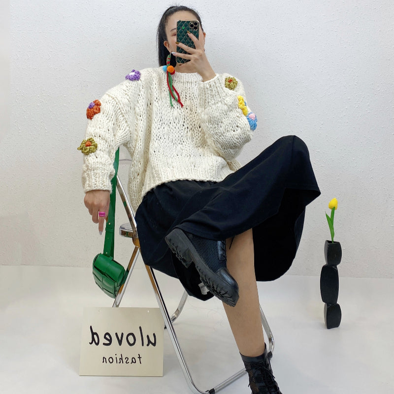 ULOVED New handmade flower thickened loose pullover knit sweater for women