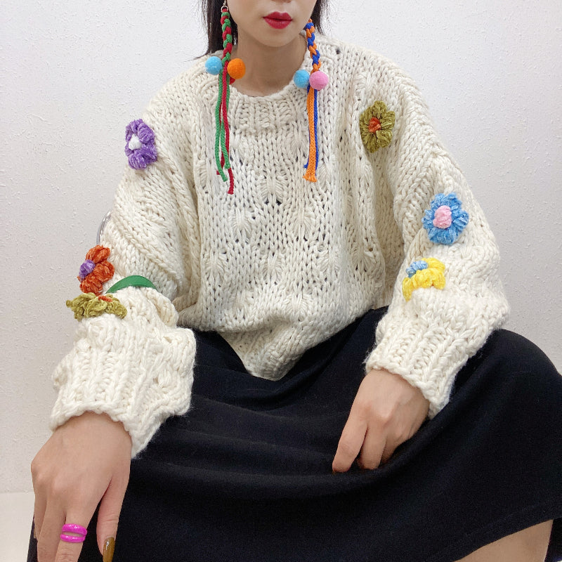 ULOVED New handmade flower thickened loose pullover knit sweater for women