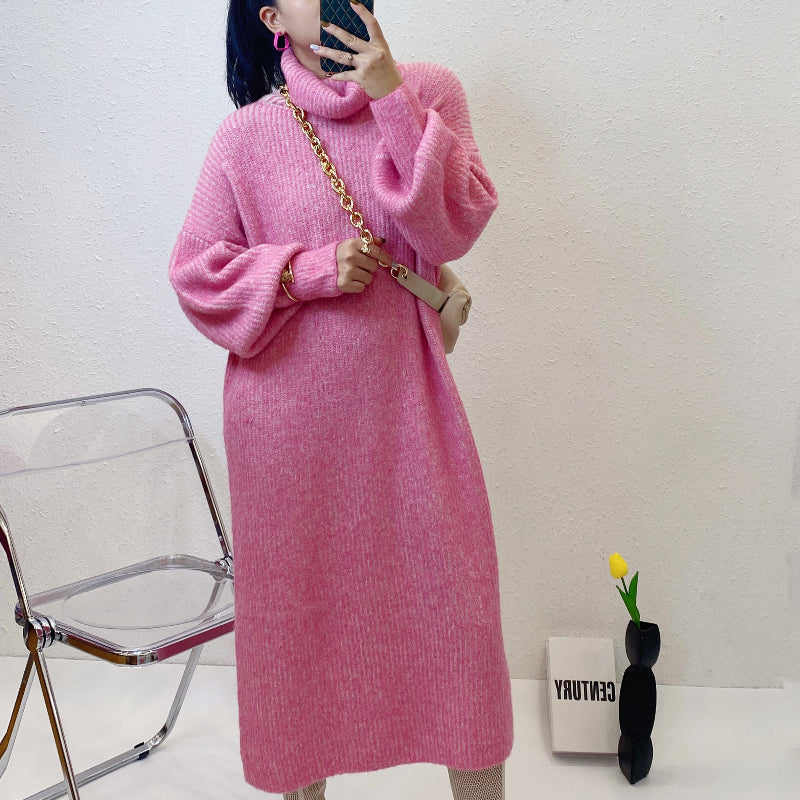 ULOVED Autumn and winter turtleneck knit dress flared sleeves loose casual sweater woman