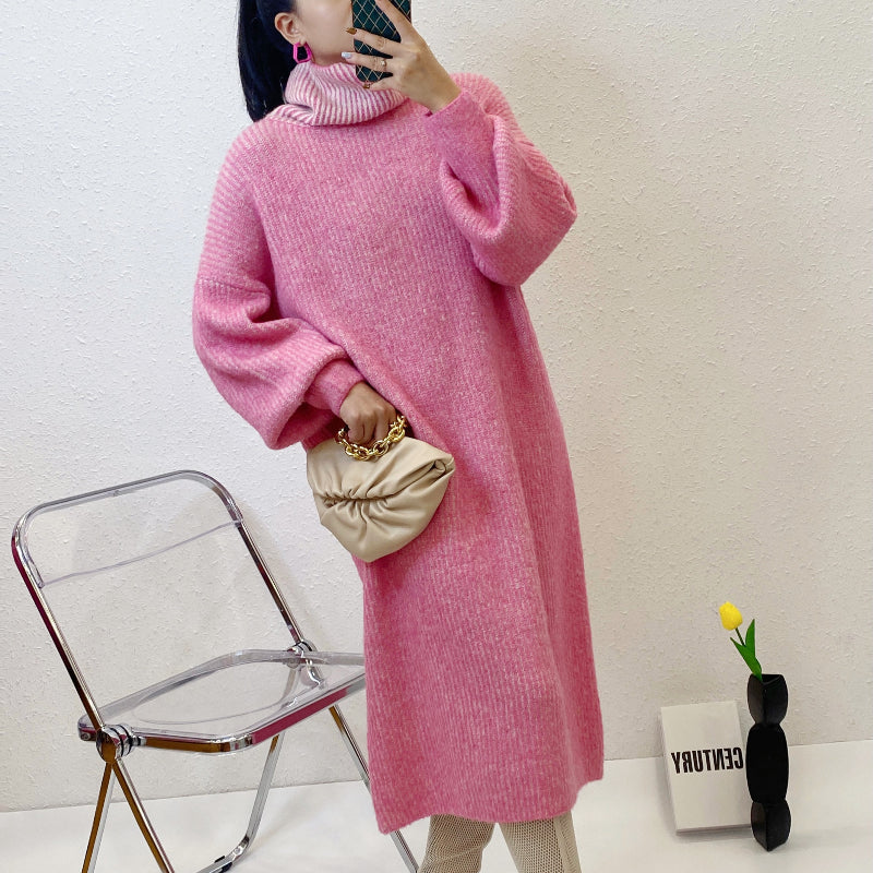 ULOVED Autumn and winter turtleneck knit dress flared sleeves loose casual sweater woman