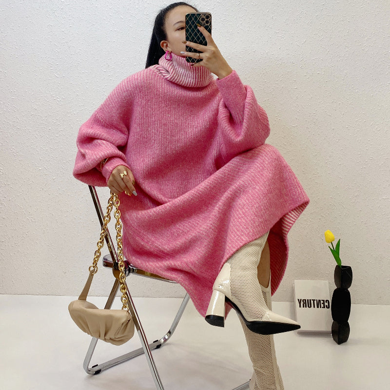 ULOVED Autumn and winter turtleneck knit dress flared sleeves loose casual sweater woman