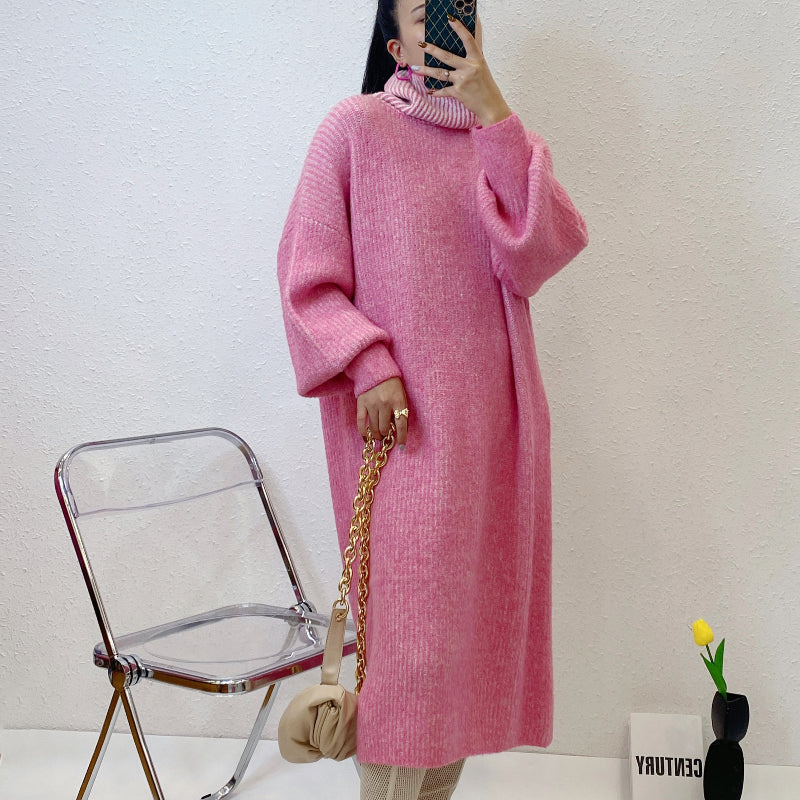 ULOVED Autumn and winter turtleneck knit dress flared sleeves loose casual sweater woman