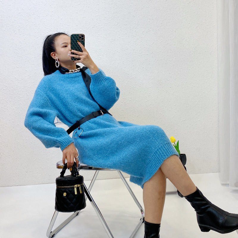 ULOVED Autumn and winter thickened loose knitted sweater with coat leggings over the knee long skirt