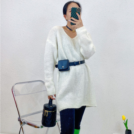 ULOVED Autumn and winter mid-length loose V-neck temperament long-sleeved knitted sweater woman
