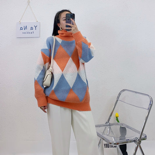 ULOVED Autumn and winter new loose diamond check turtleneck sweater women