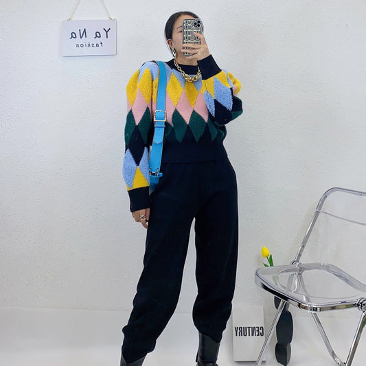 ULOVED 2023 autumn and winter new design sense Rhombus lattice short style pullover sweater