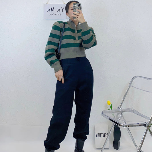 ULOVED Autumn and winter new short striped zipper stand-up collar sweater women