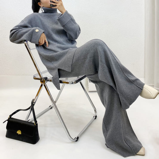 ULOVED Autumn and winter new high-neck knitted fashion wide-leg pants set sweater women