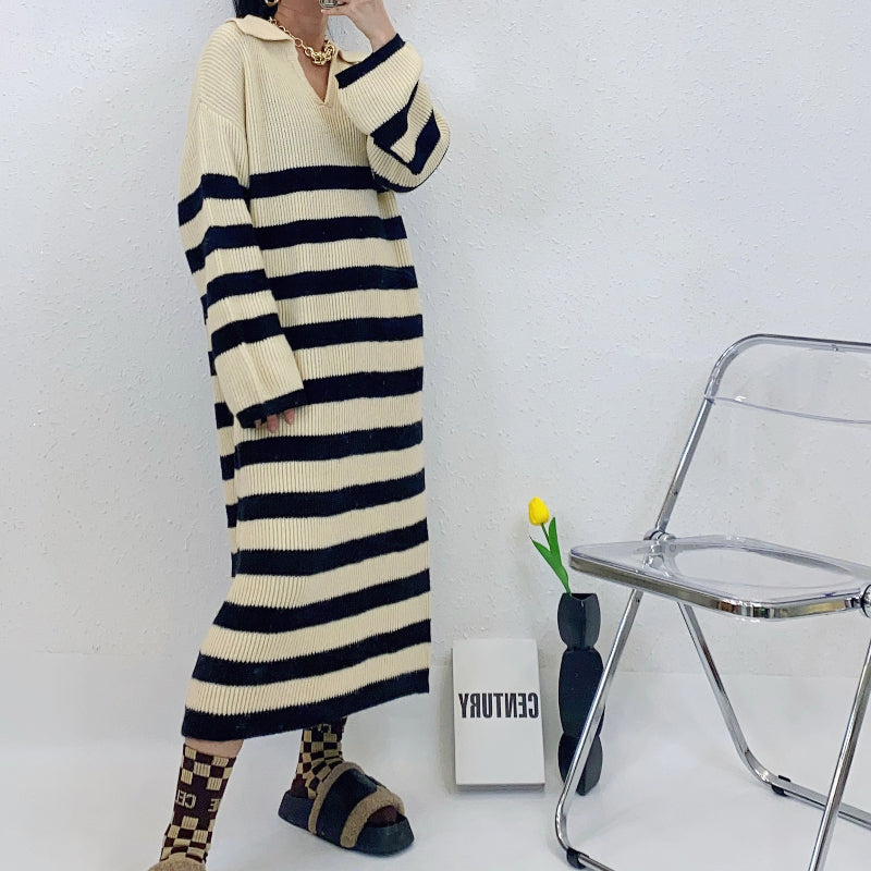 ULOVED  Autumn and winter lapel striped knitted dress women's over-the-knee long leggings sweater Casual V-Neck