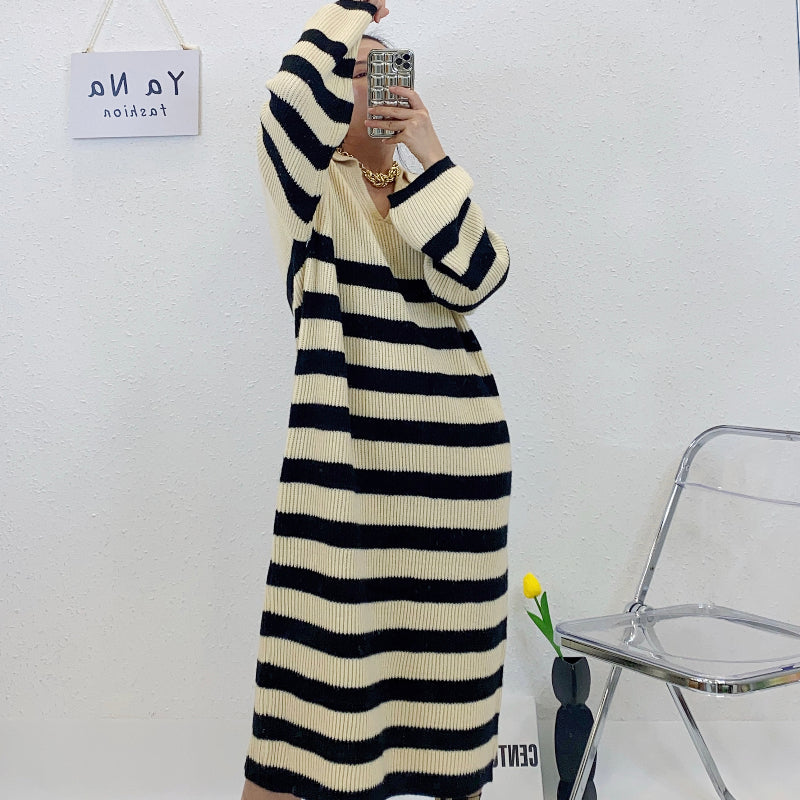 ULOVED  Autumn and winter lapel striped knitted dress women's over-the-knee long leggings sweater Casual V-Neck