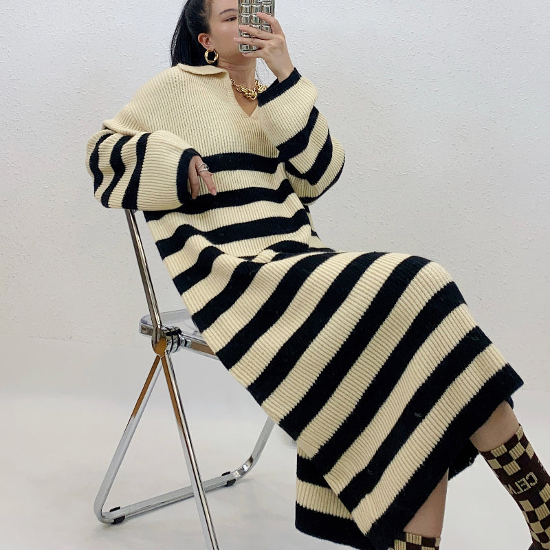 ULOVED  Autumn and winter lapel striped knitted dress women's over-the-knee long leggings sweater Casual V-Neck