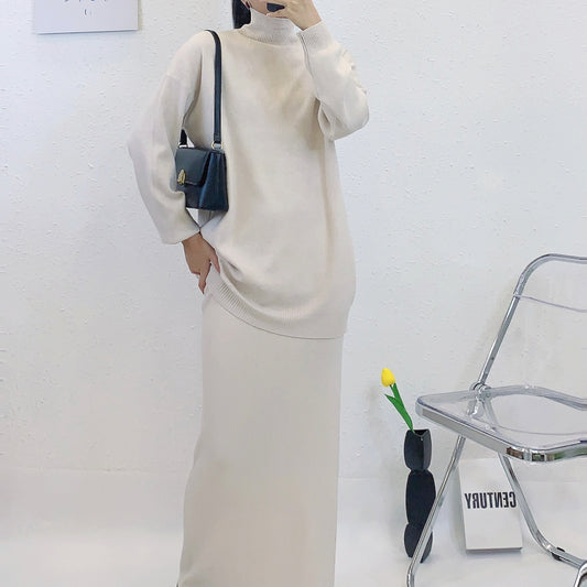 ULOVED Autumn and winter new simple fashion elastic waist knitted skirt turtleneck sweater suit women
