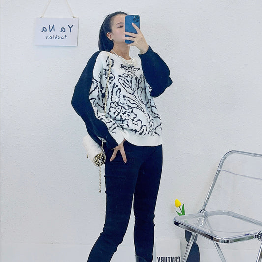 ULOVED 2023 autumn/winter new women's senior sense retro printed pullover sweater