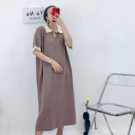 ULOVED Spring and summer new senior style polo neck short sleeve slimming dress long skirt